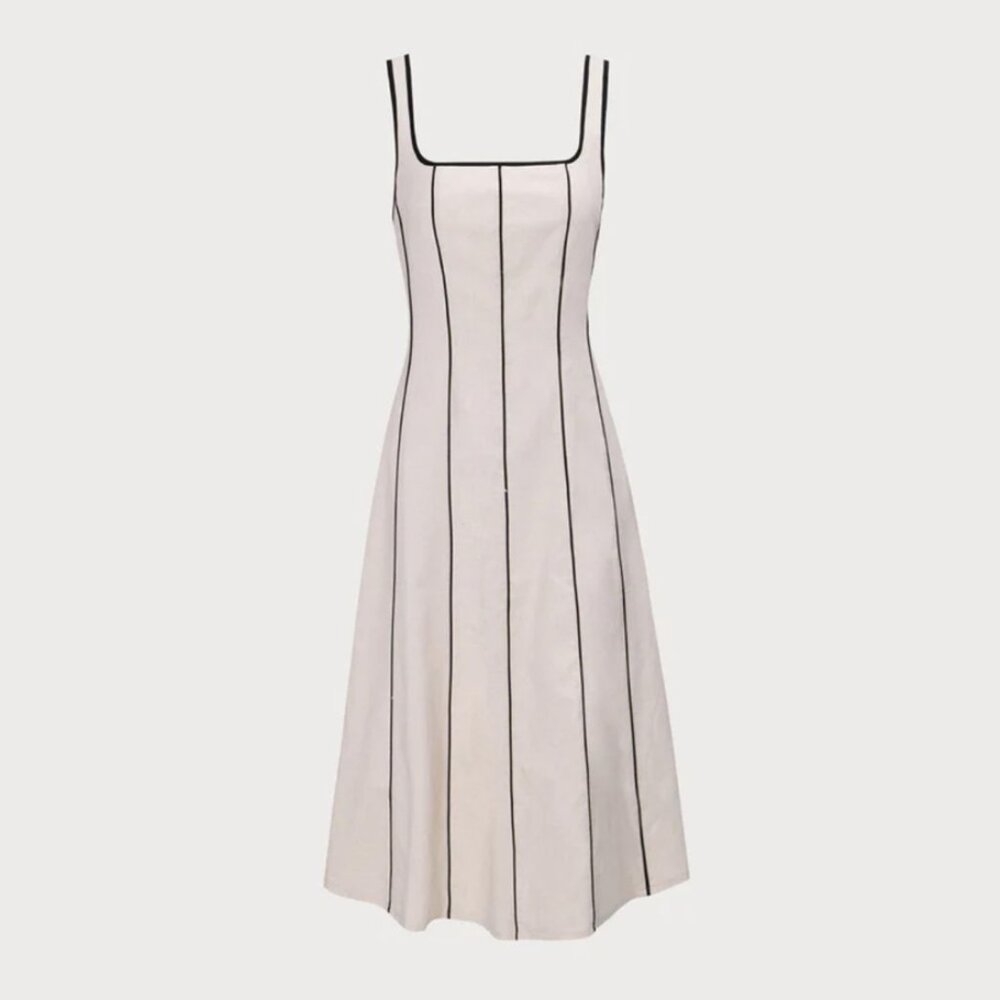 Khaki Square Neck Contrast Midi Dress